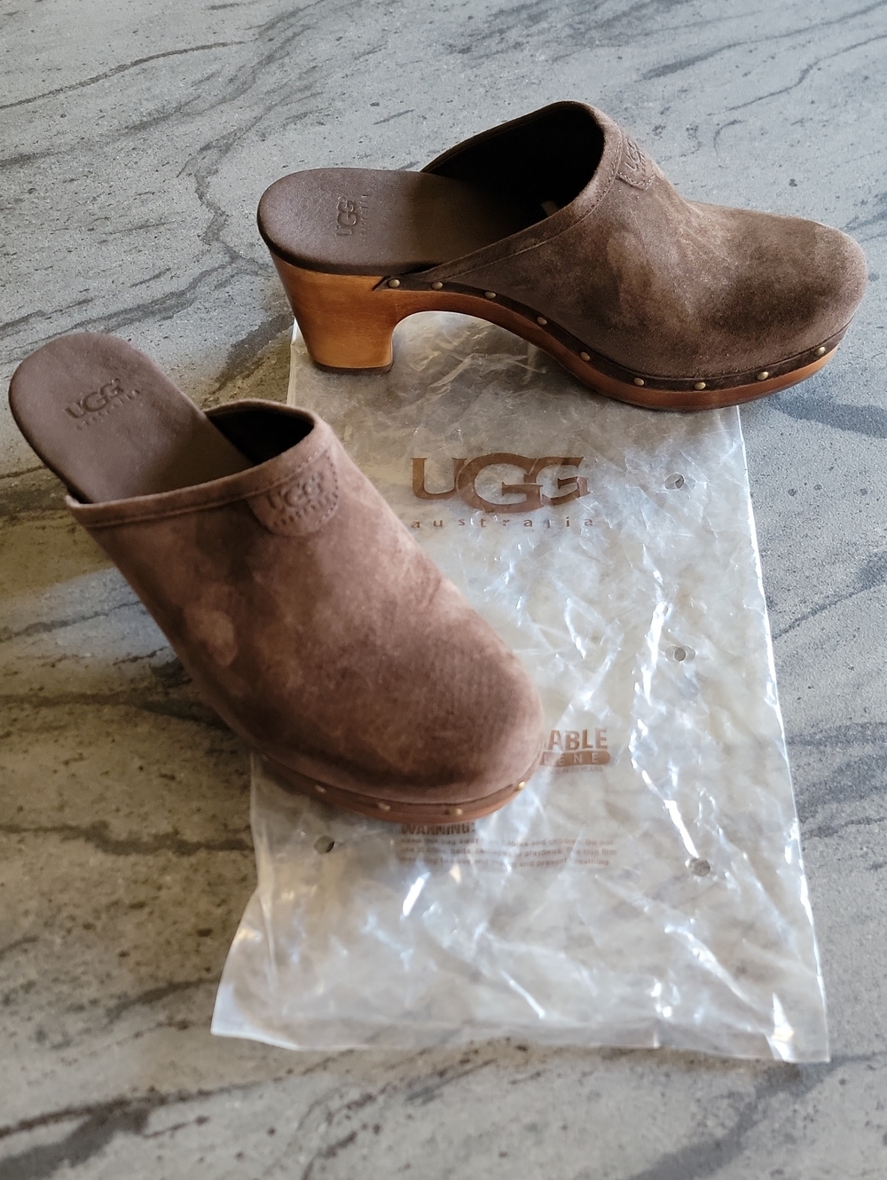UGG ABBIE Leather Suede/Sheepskin Sherpa Studded Clogs Brown Size 8